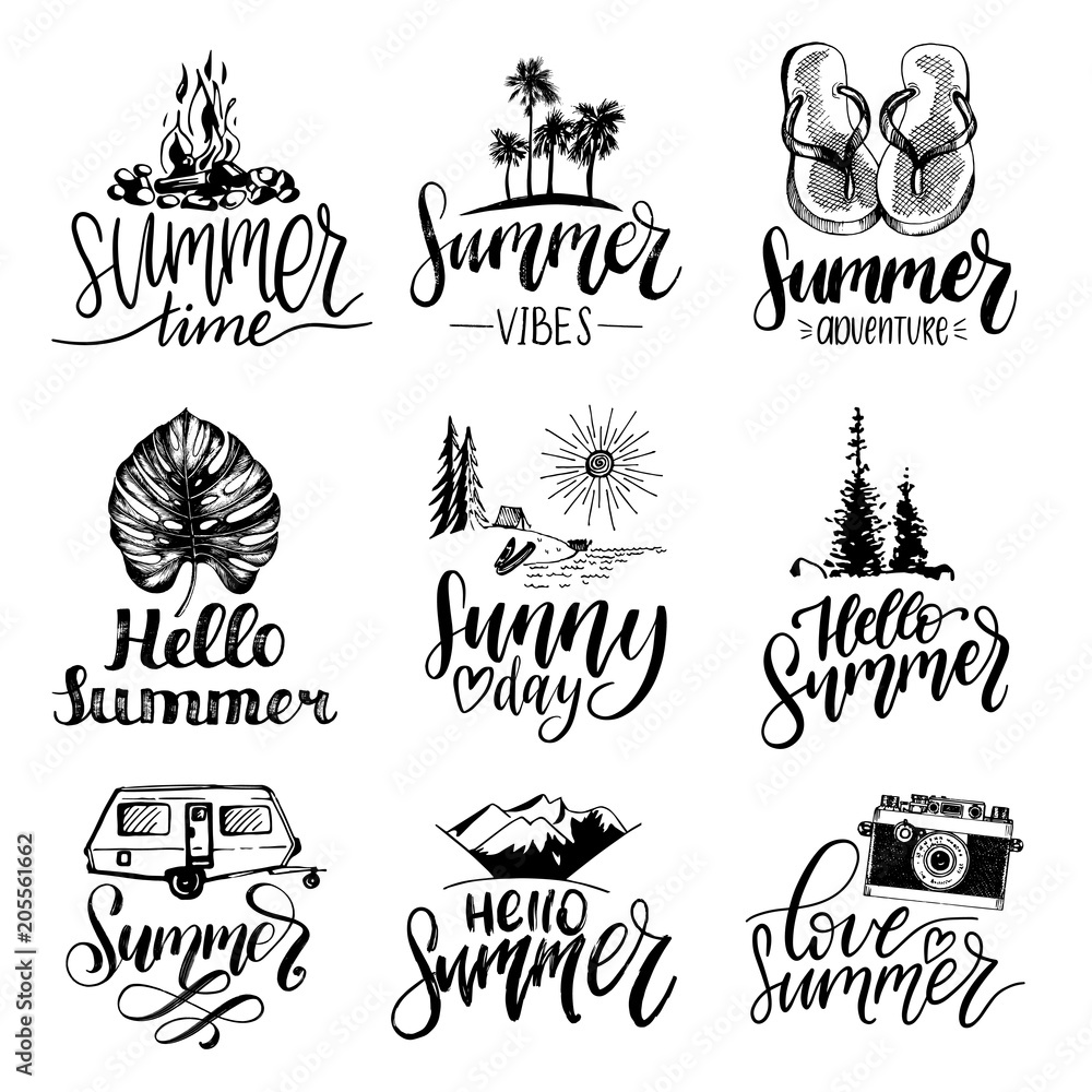Vector set of hand lettering with summer motivational phrases and sketches. Calligraphy inspirational quotes collection.