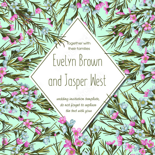 Vector pattern for wedding invitation, greeting card, flyer, certificate, menu, labels with pink and blue wax flowers on a turquoise background