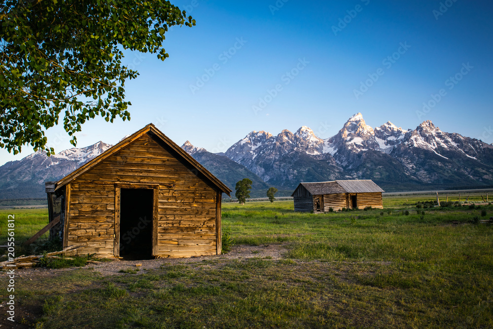 OLD OUT BUILDING AND GRAND TETONS NEAR MORMON ROW WYOMING OLD OUT BUILDING AND GRAND TETONS NEAR MORMON ROW WYOMING