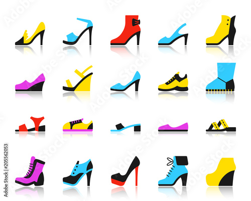 Shoes simple flat color icons vector set
