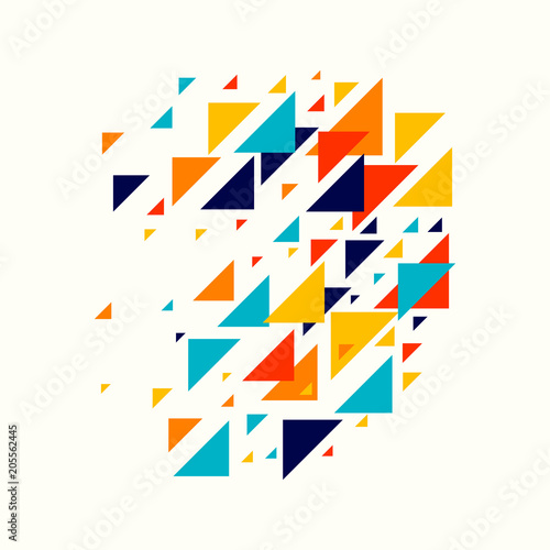 Abstract geometric background - multicolor triangles pattern. Vector illustration. Red, yellow, orange, navy blue colors. Rainbow colored triangles mosaic tessellation.