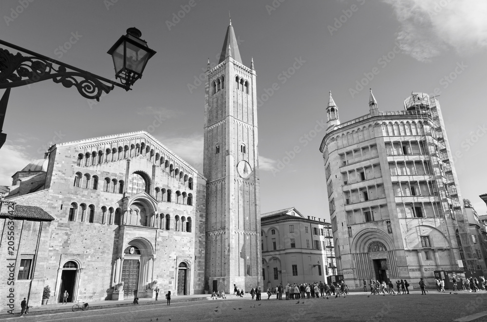 PARMA, ITALY - APRIL 17, 2018: The Dome - Duomo (La cattedrale di Santa Maria Assunta) and Baptistery.