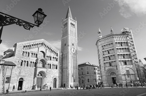 PARMA, ITALY - APRIL 17, 2018: The Dome - Duomo (La cattedrale di Santa Maria Assunta) and Baptistery.