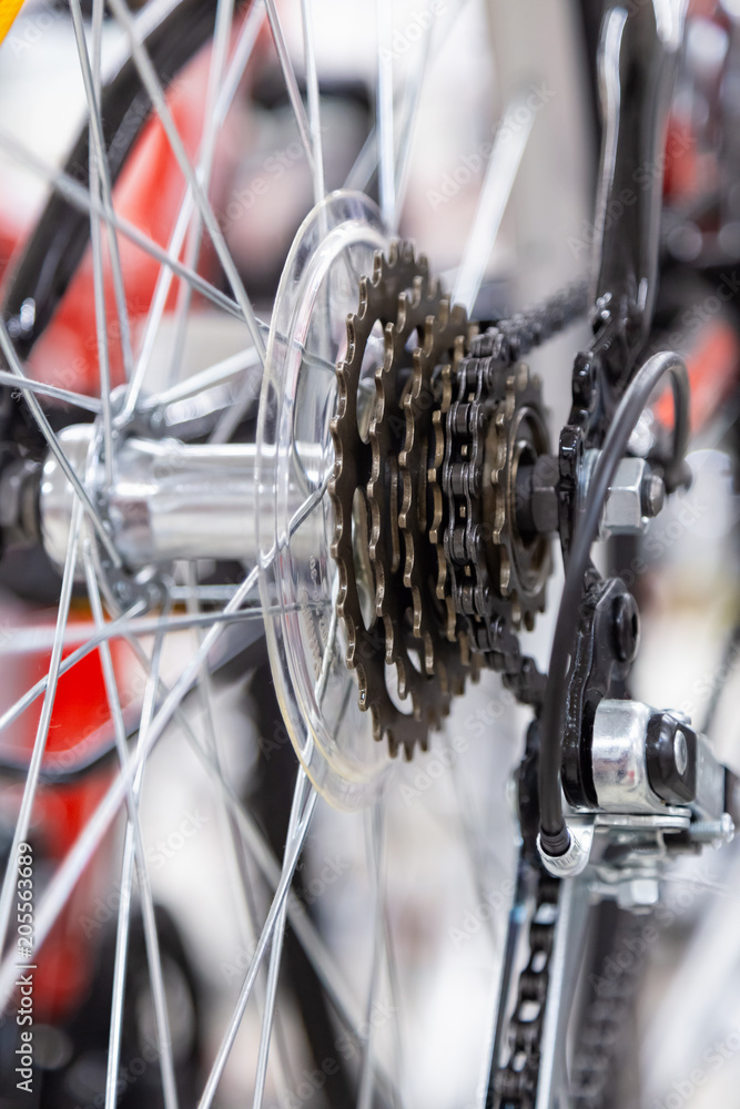 Fototapeta premium Bike speed changing assembly. Rear wheel. Steel bicycle chain. Transmission gears close-up.
