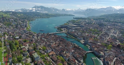 Beautiful aerial shot of the old cityof Lucerne and the Alps