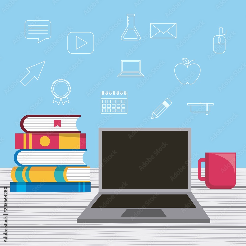 laptop stack books and coffee cup learning vector illustration laptop stack books and coffee cup learning vector illustration