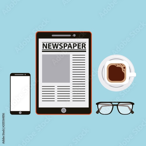 newspaper in tablet computer smartphone coffee cup and glasses vector illustration