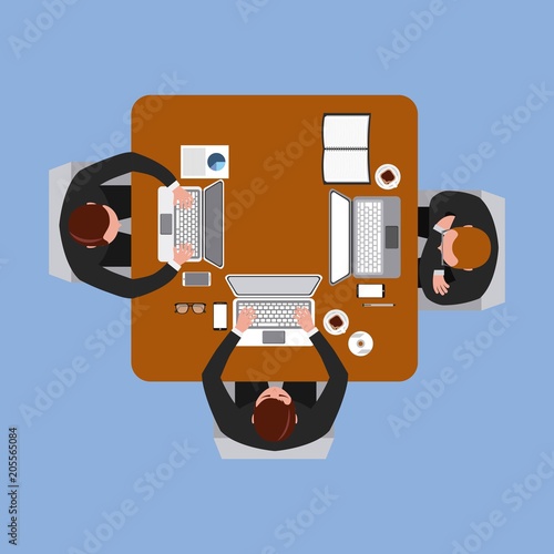 people business meeting working laptop drink coffee on the round table in top view vector illustration