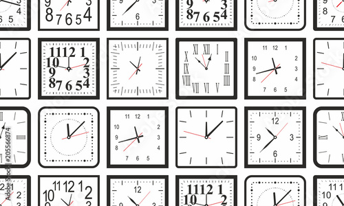 Seamless pattern with white Square wall clock. flat style. isolated on gray background