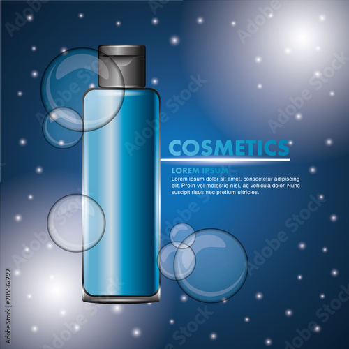 blue bottle cosmetics skincare body cream blur starry background vector illustration