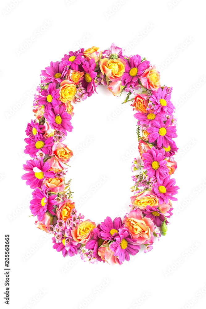 letters and numbers made from live flowers isolated on white background, make text with flowers alphabet, exclusive idea for graphic