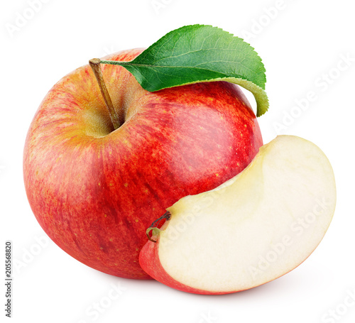 Ripe red apple fruit with apple slice without seed and green leaf isolated on white background with clipping path