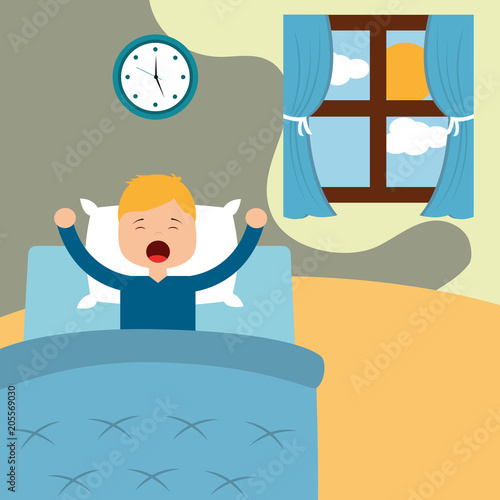 Vector illustration of Little boy waking up in a bed on white background vector illustration
