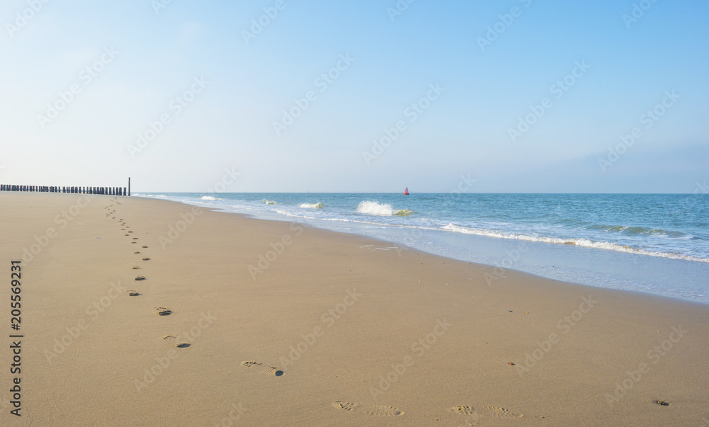 Groyne on a recreational beach in sunlight in spring protecting land from sea Groyne on a recreational beach in sunlight in spring protecting land from sea