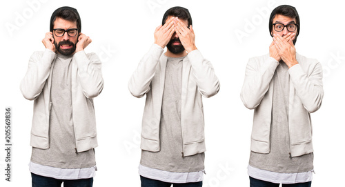 Set of Hipster man covering his eyes, ears, and mouth