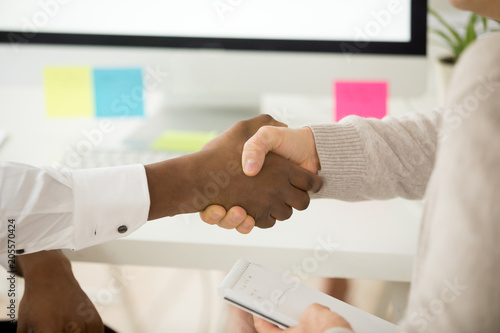 Multiracial business handshake as concept of successful teamwork, african american and caucasian partners shaking hands thanking for help support in work, showing gratitude and respect, close up view