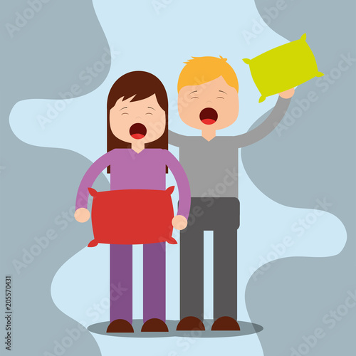 young boy and girl waking up holding pillow and clock vector illustration