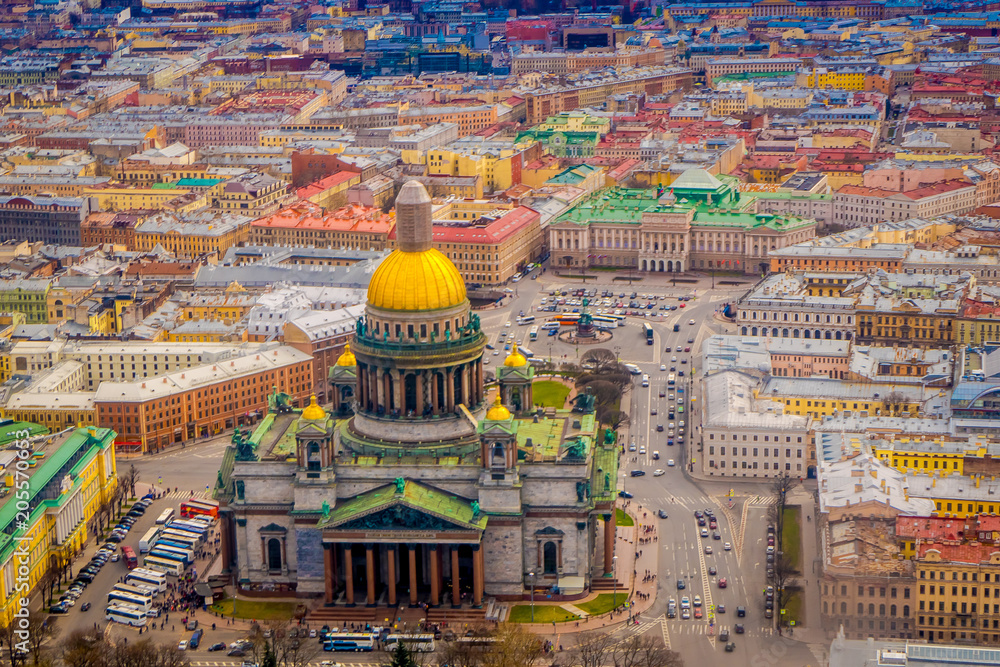 Beautiful aerial view landscape of Saint Isaac's Cathedral surrounding of buildings of the city of St. Petersburg durring a sunny day
