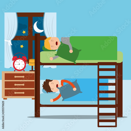 boys asleep in bunk bed in night bedroom vector illustration