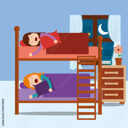 young girls asleep in bunk bed in night bedroom vector illustration