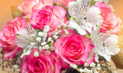 a bouquet of beautiful wedding flowers, pink roses. close up