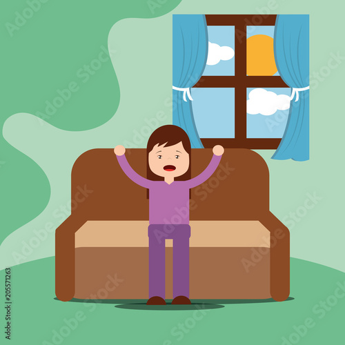 young girl yawning and stretching out sitting on sofa vector illustration