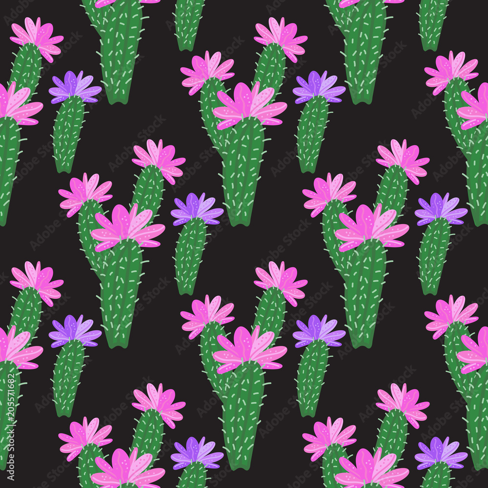 Vector Cactus with flowers pattern isolated on dark background. Vector Cactus with flowers pattern isolated on dark background.
