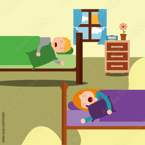 bedroom with kids sleeping in beds room bedside and flower vector illustration