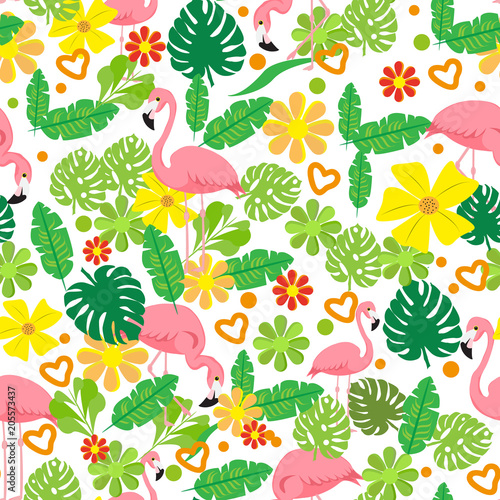 Seamless summer tropical pattern with flamingo  exotic flowers  leaves vector background. Good for wallpapers  web page backgrounds  surface textures  textile