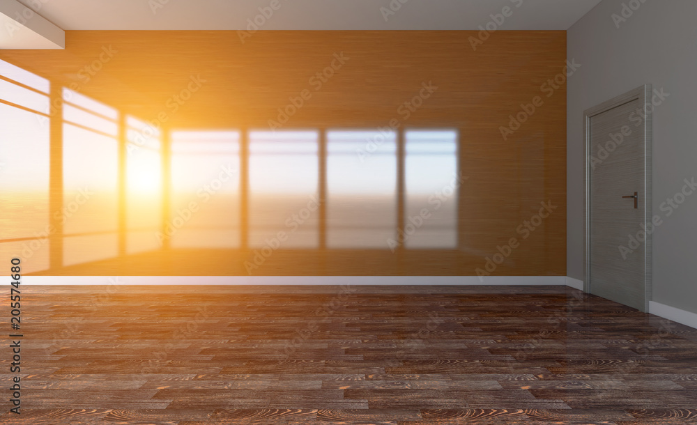 Obraz premium Sunset Open space office interior with like conference room. Mockup. 3D rendering.