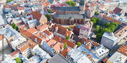 Top view on the old town with beautiful colorful buildings and streets in Riga city, Latvia, bird eye view