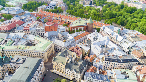 Top view on the old town with beautiful colorful buildings and streets in Riga city, Latvia, bird eye view