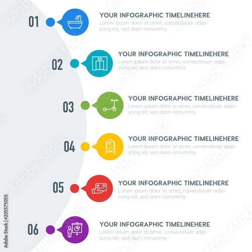 Flat business, transports, hotel infographic timeline template with 7 options for presentations, advertising, annual reports