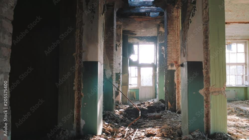 Corridor in abandoned building, moving forward, first person view, light in the end, perspective, way to freedom concept Corridor in abandoned building, moving forward, first person view, light in the end, perspective, way to freedom concept