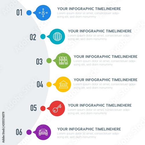 Flat business, transports, hotel infographic timeline template with 7 options for presentations, advertising, annual reports