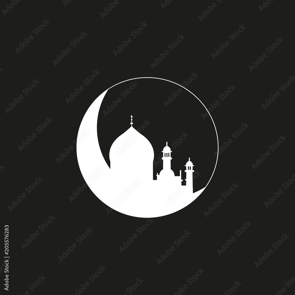 Silhouette of mosque with minarets on moon Crescent. Concept for Islamic Muslim holiday for celebration Mawlid birthday of prophet Muhammad, holy month of Ramadan Kareem, Eid Mubarak Silhouette of mosque with minarets on moon Crescent. Concept for Islamic Muslim holiday for celebration Mawlid birthday of prophet Muhammad, holy month of Ramadan Kareem, Eid Mubarak
