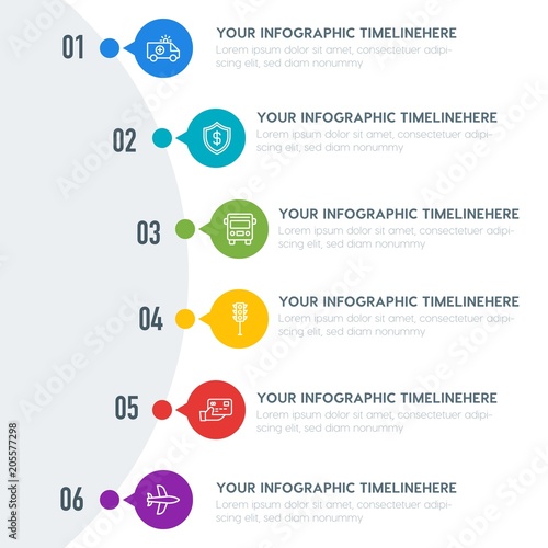 Flat business, transports, hotel infographic timeline template with 7 options for presentations, advertising, annual reports