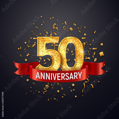 50 years anniversary logo template on dark background. Fifty celebrating golden numbers with red ribbon vector and confetti isolated design elements