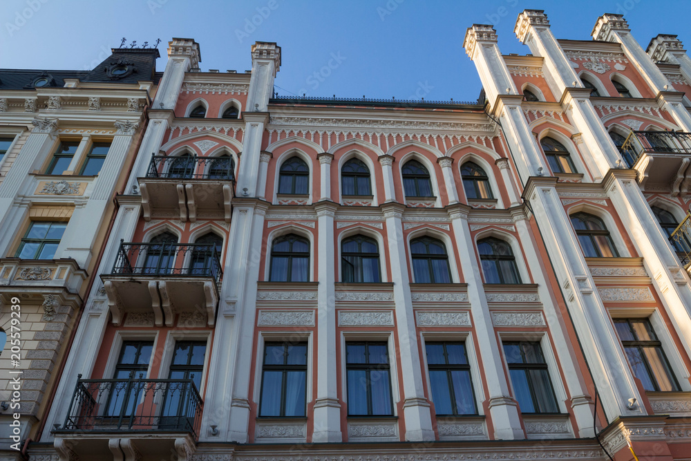 The building facade ,Riga, Latvia. This building is an example of Art Nouveau architectural style