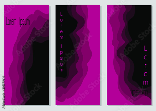 Set of banner templates with voluminous abstract wave pattern in bright violet tones. Vector drawing for design of invitations, advertising, business cards.