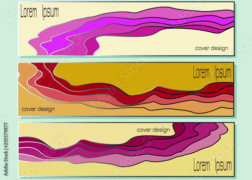 Set of banner templates with voluminous abstract wave pattern in pink, yellow, violet colors. Vector drawing for design of invitations, advertising, business cards, web banner.