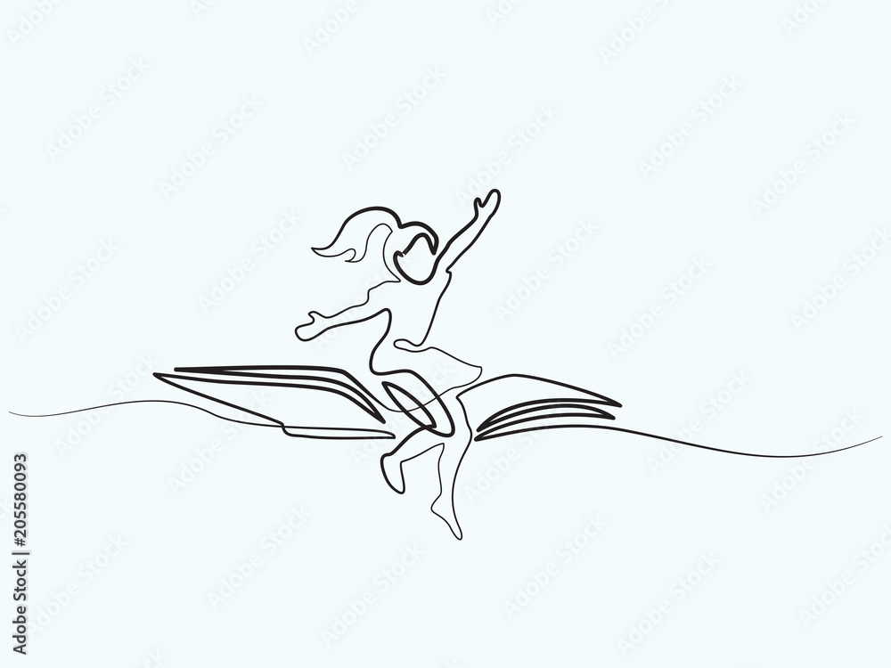 Little girl flying on book in the sky. Vector illustration. Continuous line drawing. Concept for logo, card, banner, poster, flyer