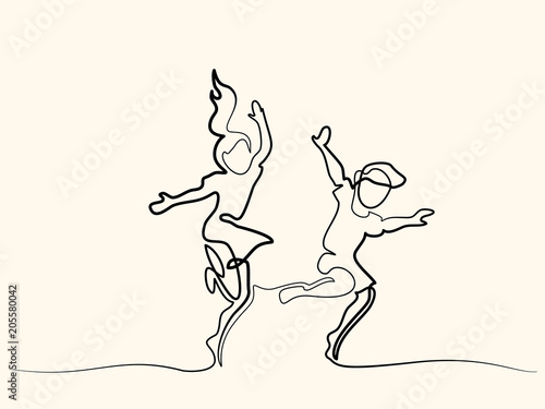 Continuous line drawing. Happy children dancing and jumping. Vector illustration. Concept for logo, card, banner, poster, flyer