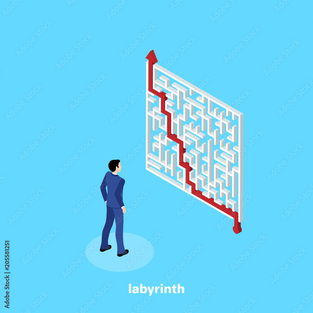 a man in a business suit looks at the pattern of the passage of the labyrinth, isometric image
