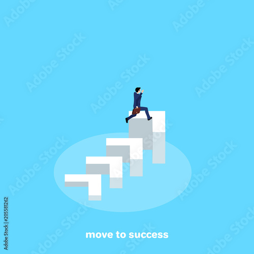 a man in a business suit runs up the arrow, an isometric image