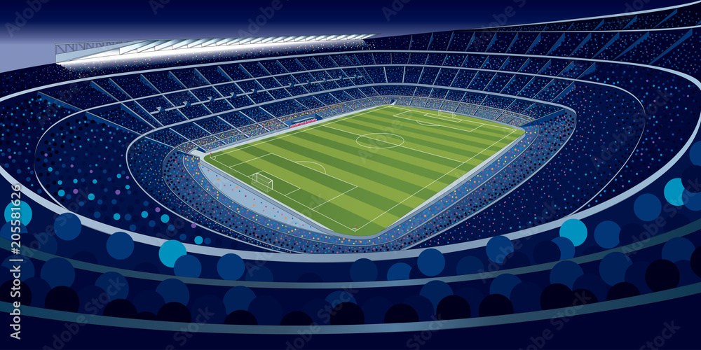 Fototapeta premium Drawing of a stadium full of people at night in blue tones with wide angle view in large format. Vector illustration