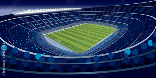 Drawing of a stadium full of people at night in blue tones with wide angle view in large format. Vector illustration
