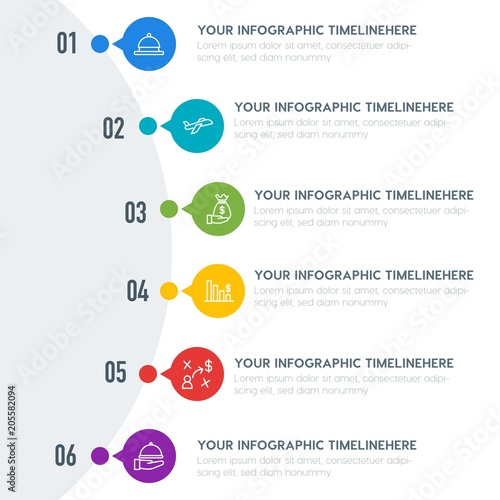 Flat business, transports, hotel infographic timeline template with 7 options for presentations, advertising, annual reports