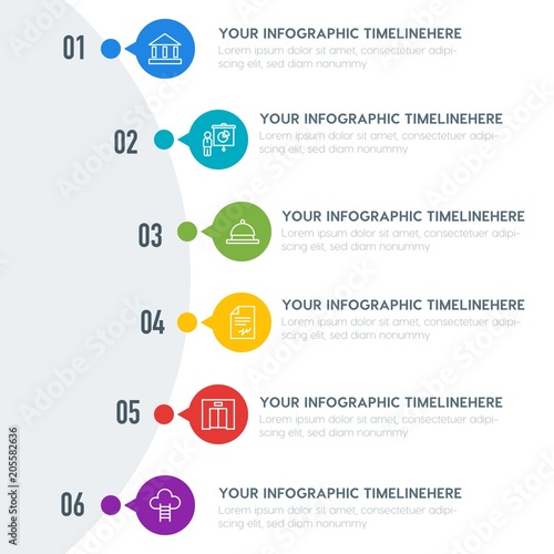 Flat business, transports, hotel infographic timeline template with 7 options for presentations, advertising, annual reports