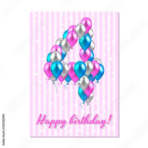 realistic colored balloons on the fifth birthday. pink, silver, blue. Pink stripe greeting card with white stars.